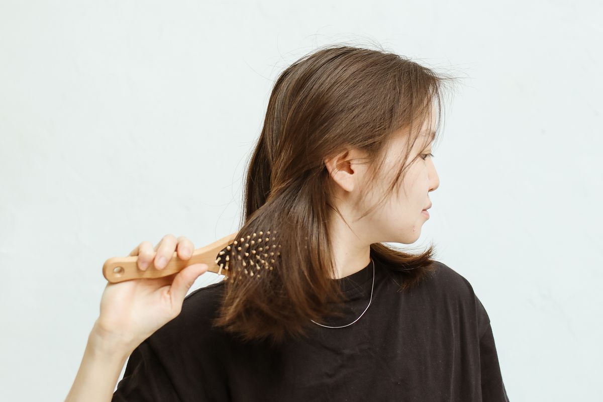 Six makeup brushes laid in a row on a plain neutral background